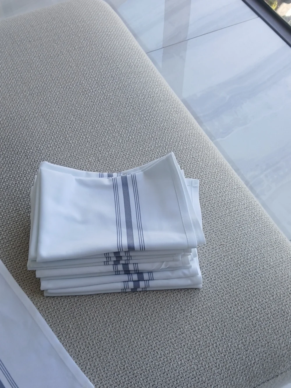 Classic White  Kitchen Napkins with Blue Stripe - Set of 11